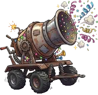 Canon à confettis (bétonnière) (pas encore obtenu) : Arme lourde, 26 de dégâts, coups lents mais lourds, touche aussi les animaux adverses, peut assommer l'adversaire. Canon à confettis (bétonnière)